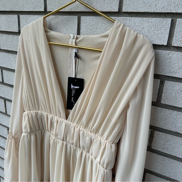 NWT Missord Cream Chiffon Ruffle Mini Dress XL Plunge V Neck Long Bell Sleeve - Picture 4 of 16